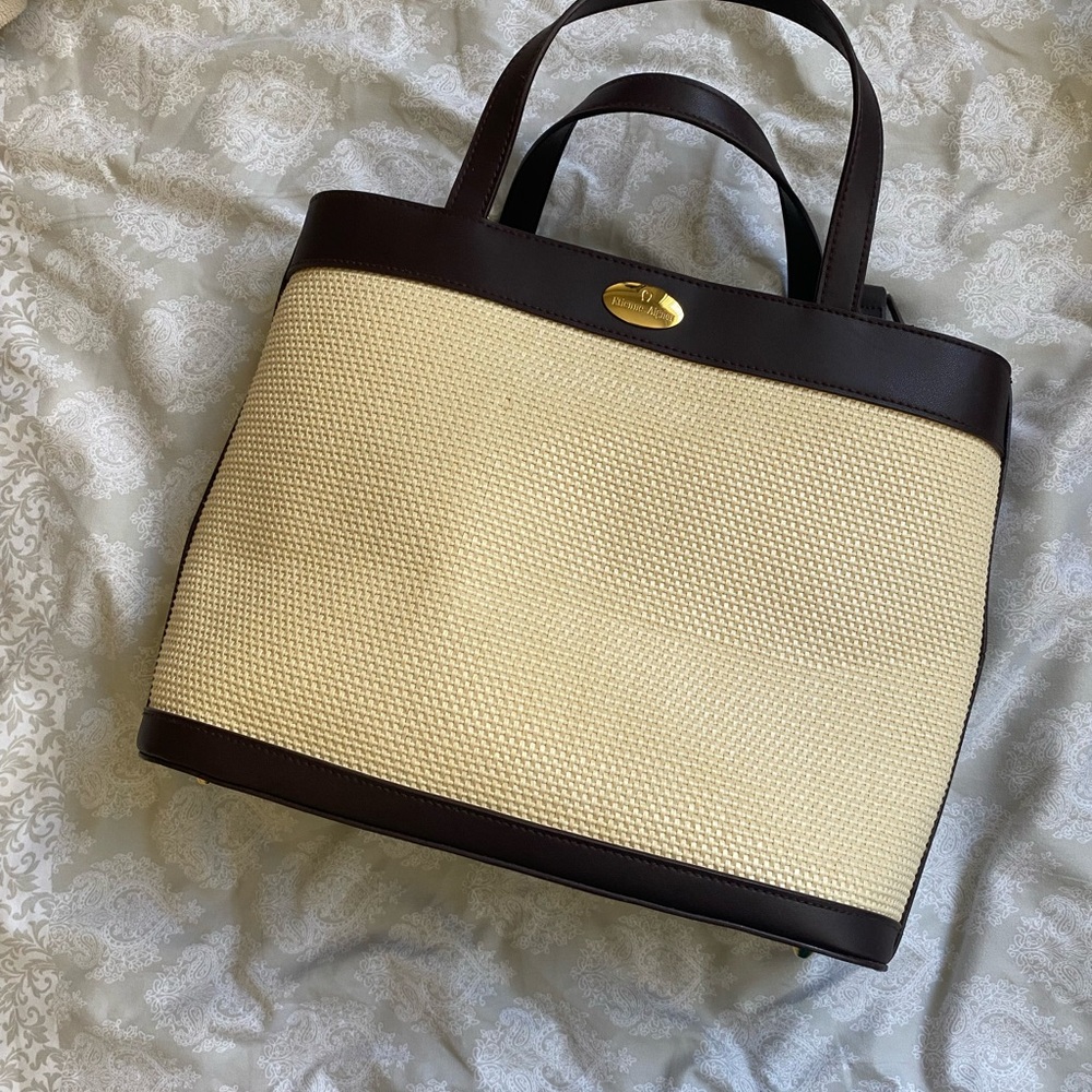 Etienne Aigner Cream and Brown Woven Straw Tote Purse Bag